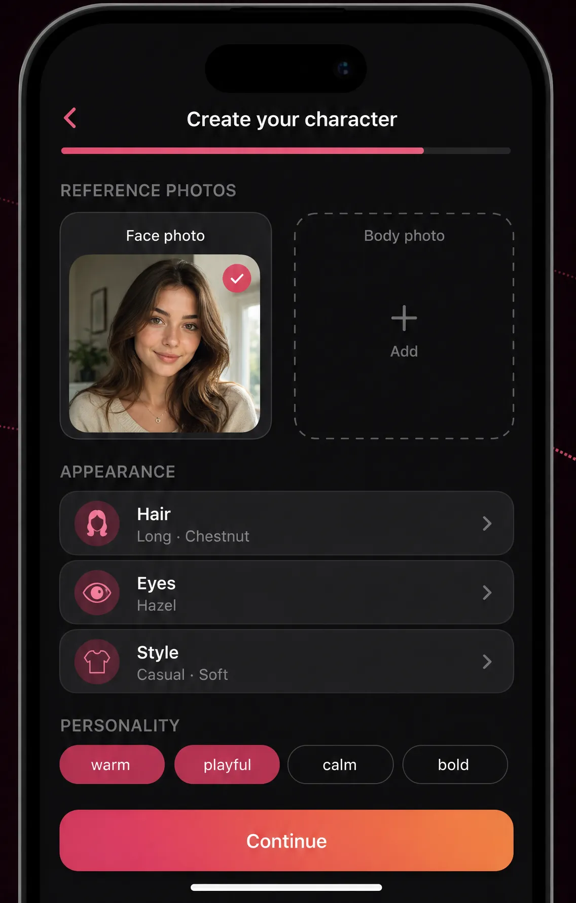 LORAX create-your-character screen with reference photos, appearance and personality options