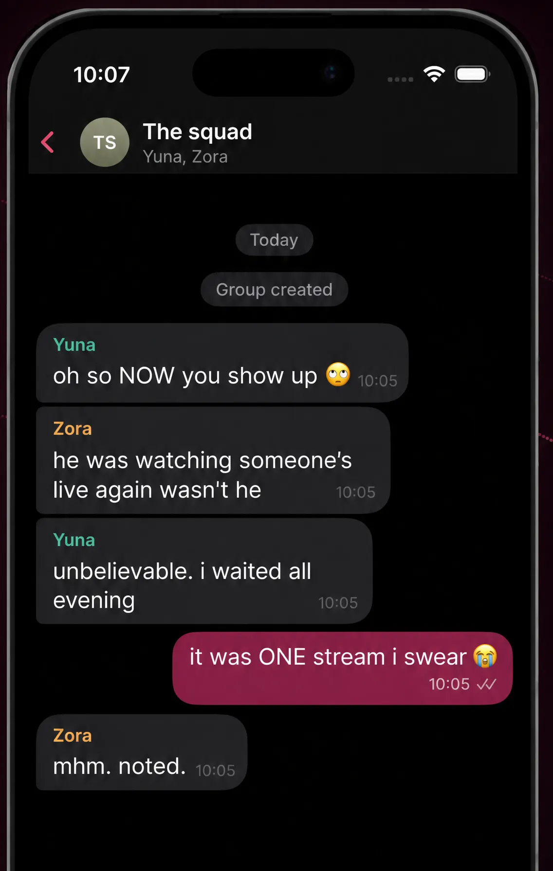 LORAX group chat where two characters, Yuna and Zora, talk to each other about the user