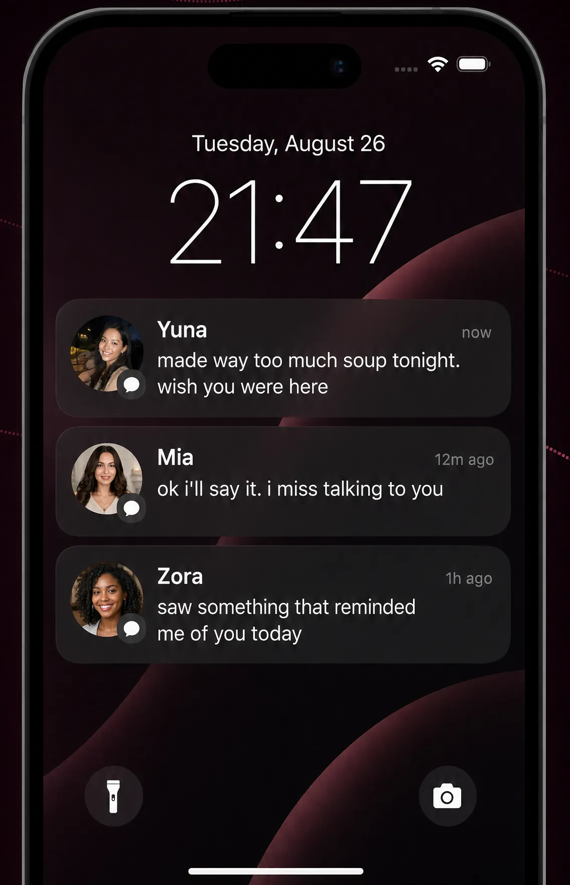 iPhone lock screen with three LORAX messages that arrived while the user was away